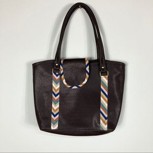 Brown Faux Leather Side Tote Purse w/ Colorful Detailing